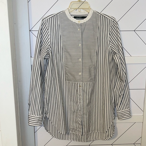 Lauren Ralph Lauren Tops - Lauren Ralph Lauren Womens Large White Navy Stripe Tunic Shirt Button Down Long
